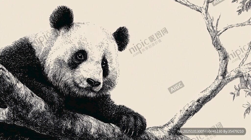 熊猫栖于枝头黑白画像