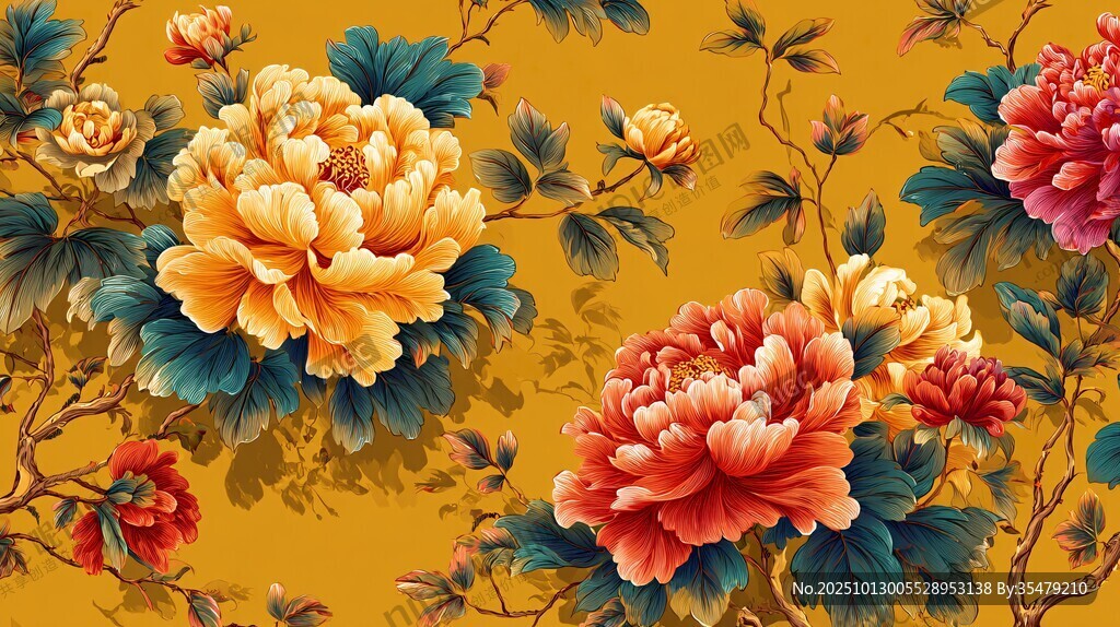 中式牡丹花卉图案背景图