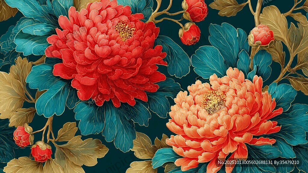 国色牡丹花卉古风插画