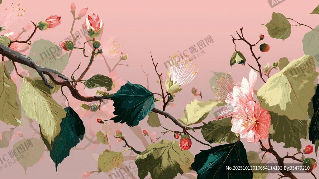 粉色背景下的繁花绿枝