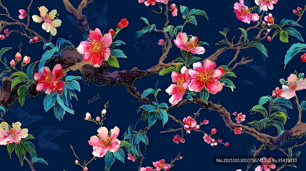 深蓝底繁花锦簇中式图案