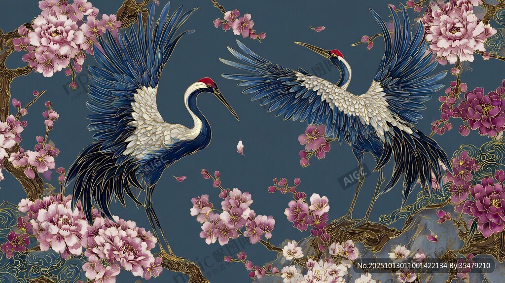 双鹤繁花图