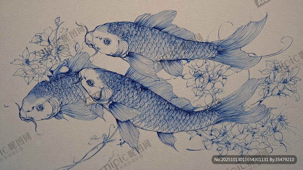 蓝墨绘锦鲤伴花卉图案