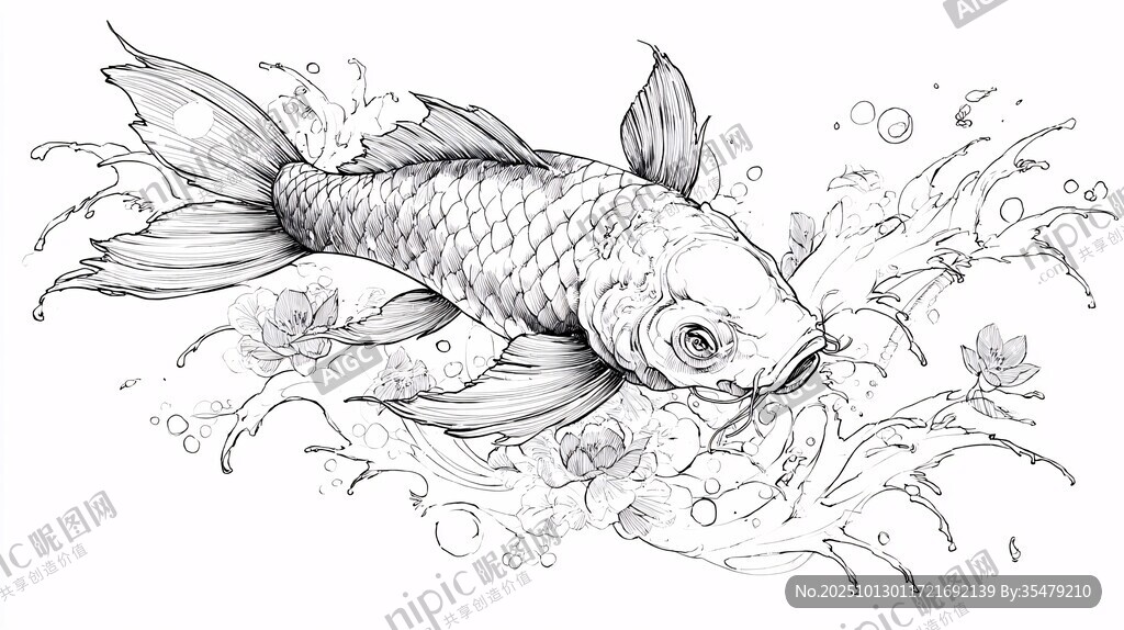 跃动的锦鲤黑白线条画