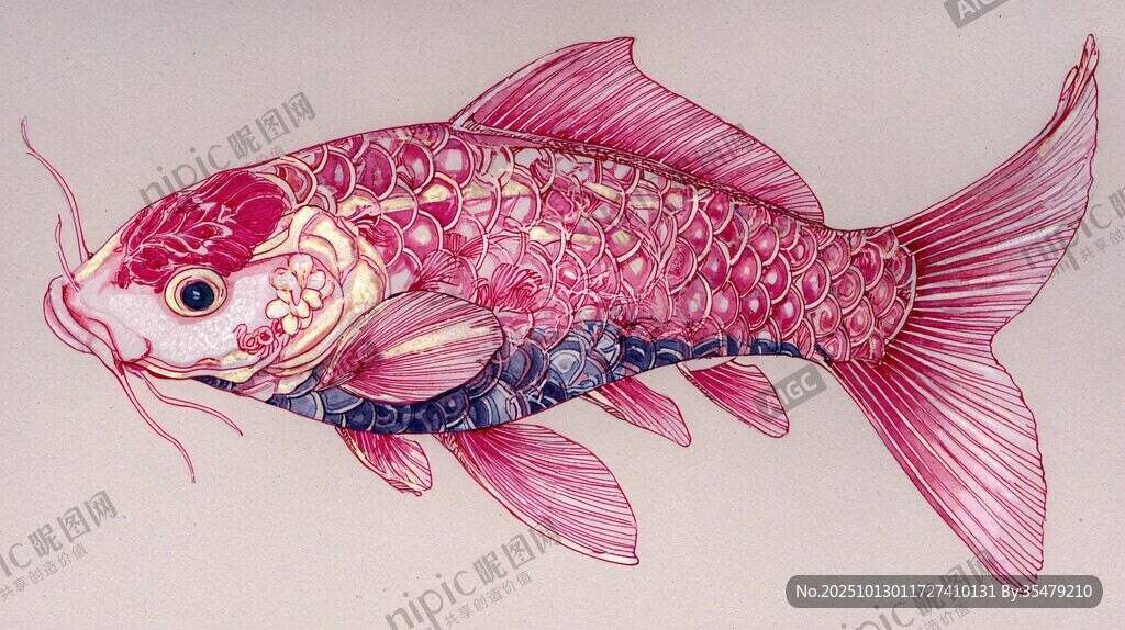 梦幻粉色锦鲤艺术插画