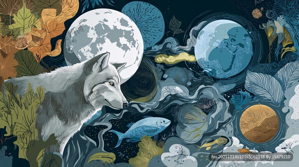 月夜下的狼与奇幻自然景观