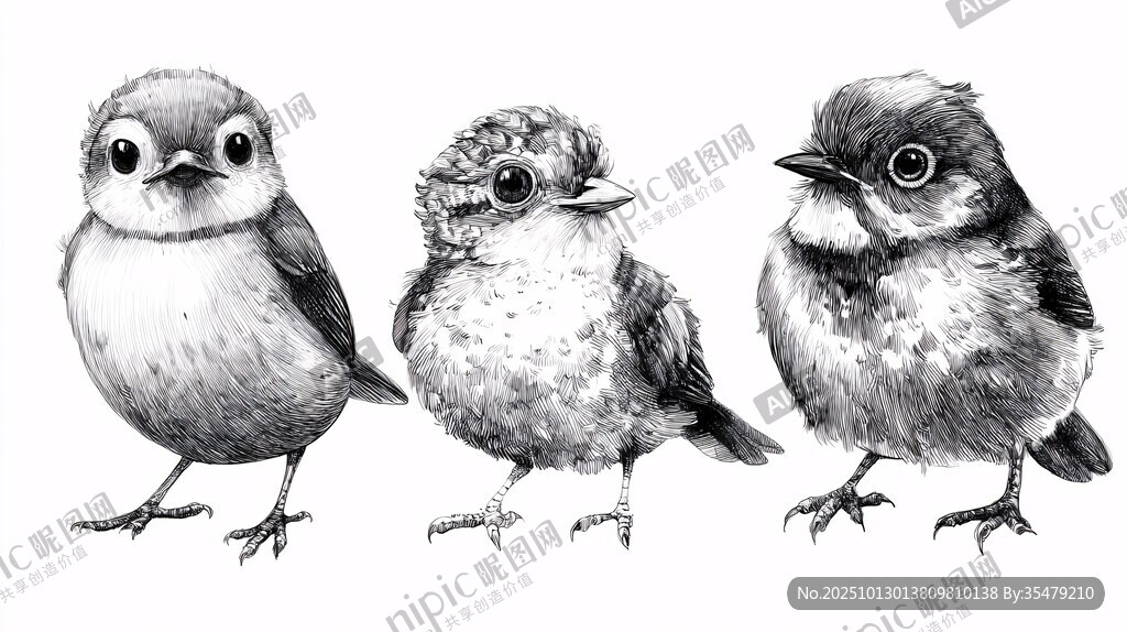 三只可爱雏鸟的黑白插画