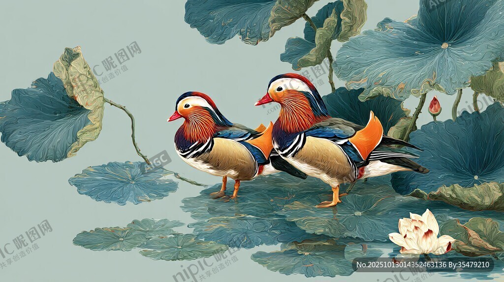 荷塘中相依的美丽鸳鸯