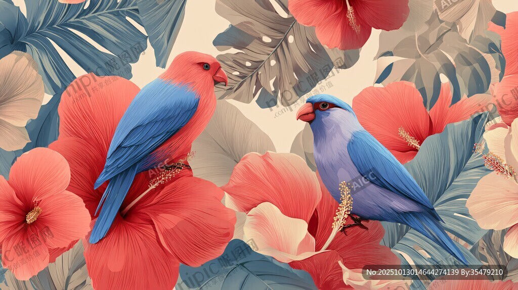 双鸟栖花间 热带风情画