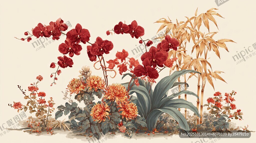 中式花卉与翠竹雅致景致