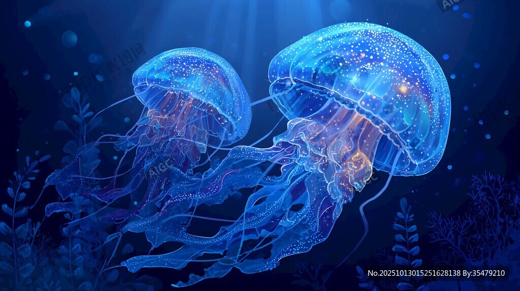 梦幻深海中的发光水母