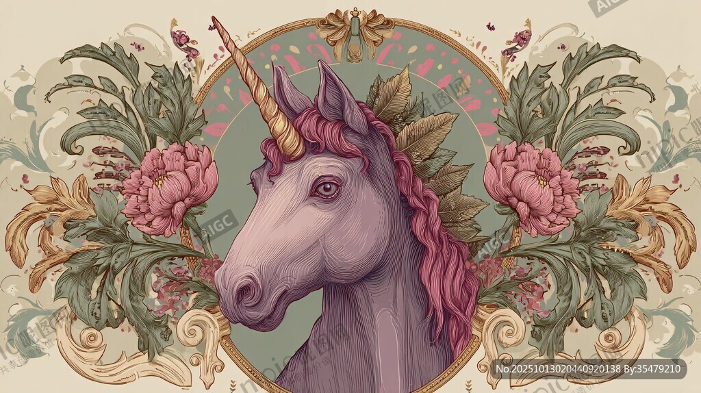 梦幻独角兽与花卉装饰画