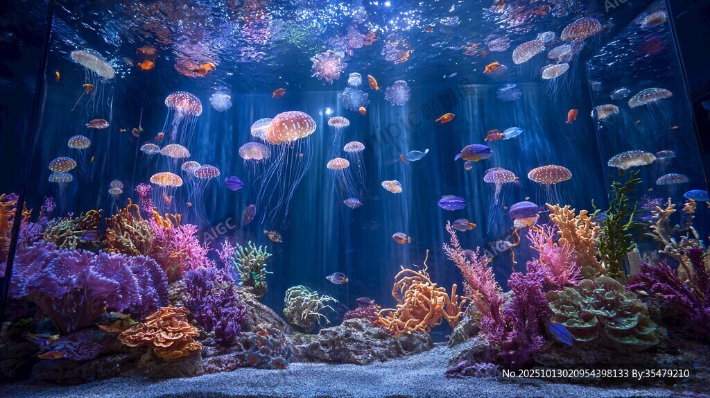 梦幻海底世界的多彩水母