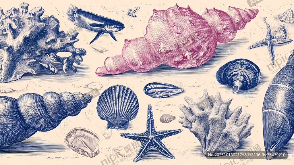 海洋贝壳珊瑚手绘插画