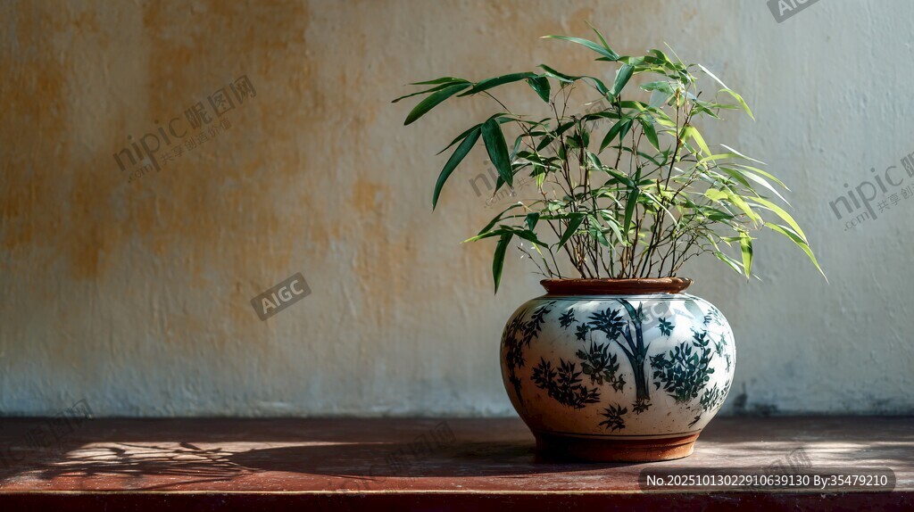 青花瓷盆中翠绿竹子