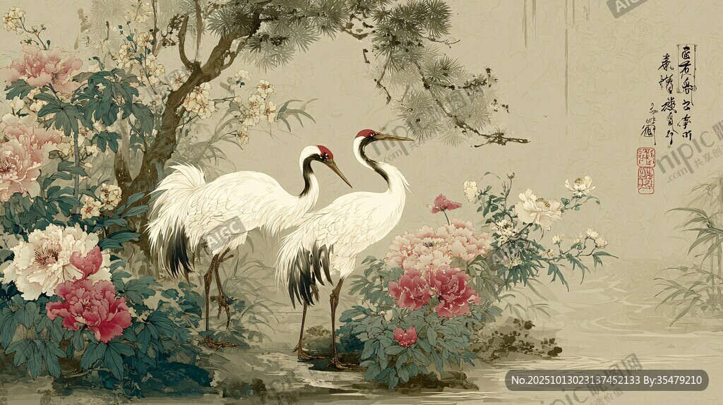 双鹤栖于繁花绿树间