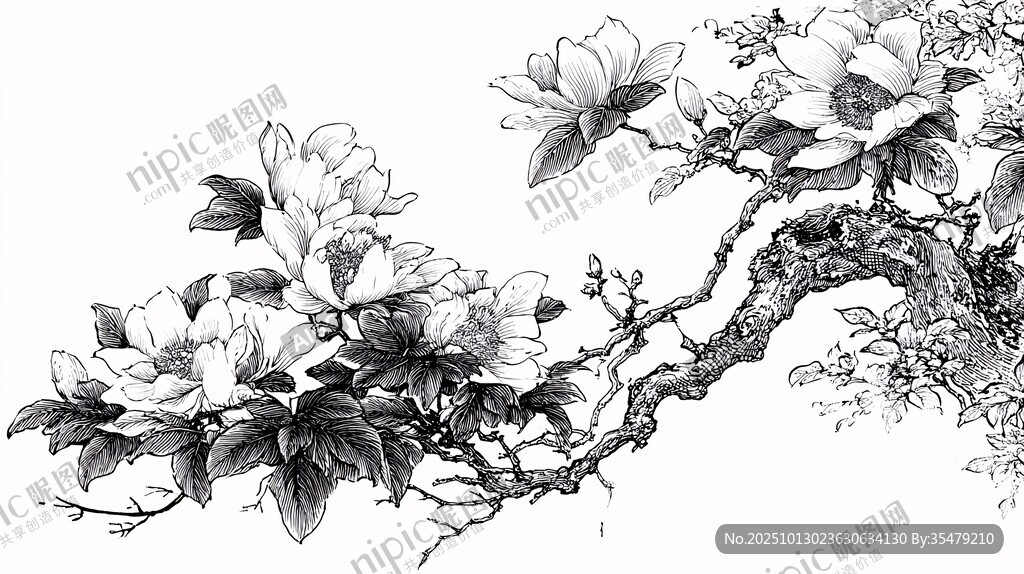 玉兰花枝黑白手绘插画