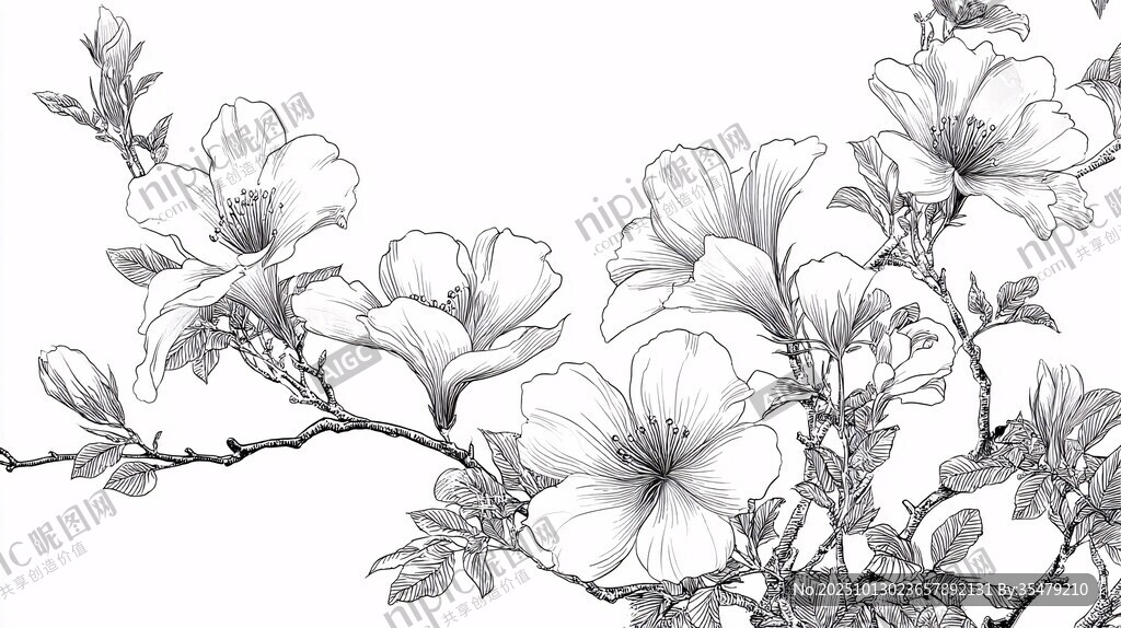手绘花卉线条图