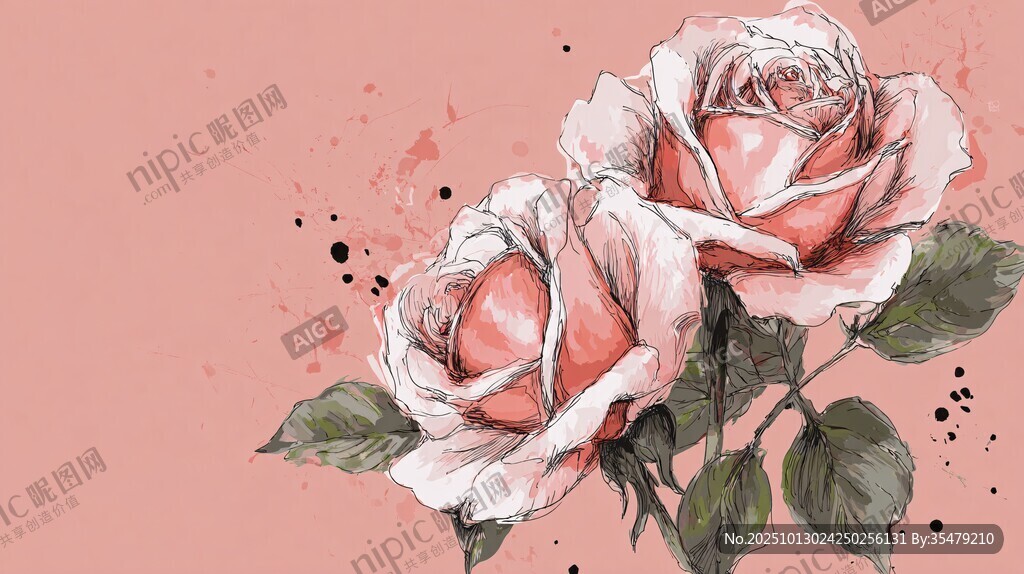 粉色玫瑰水彩插画
