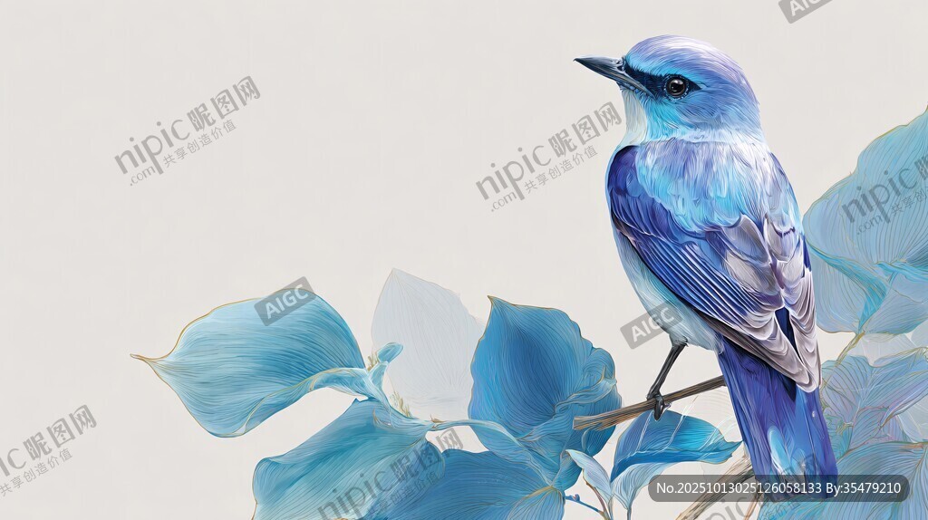 蓝羽小鸟栖于蓝叶枝头