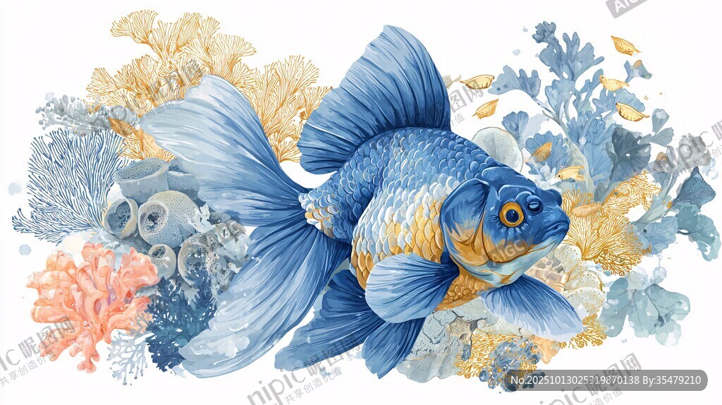 蓝色金鱼与多彩海底植物