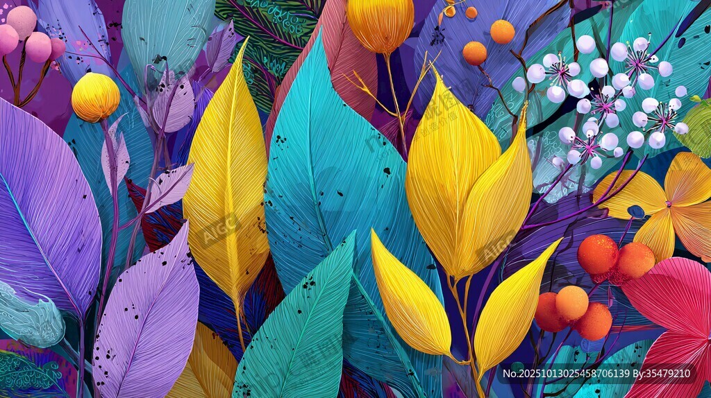 多彩秋叶与浆果梦幻插画