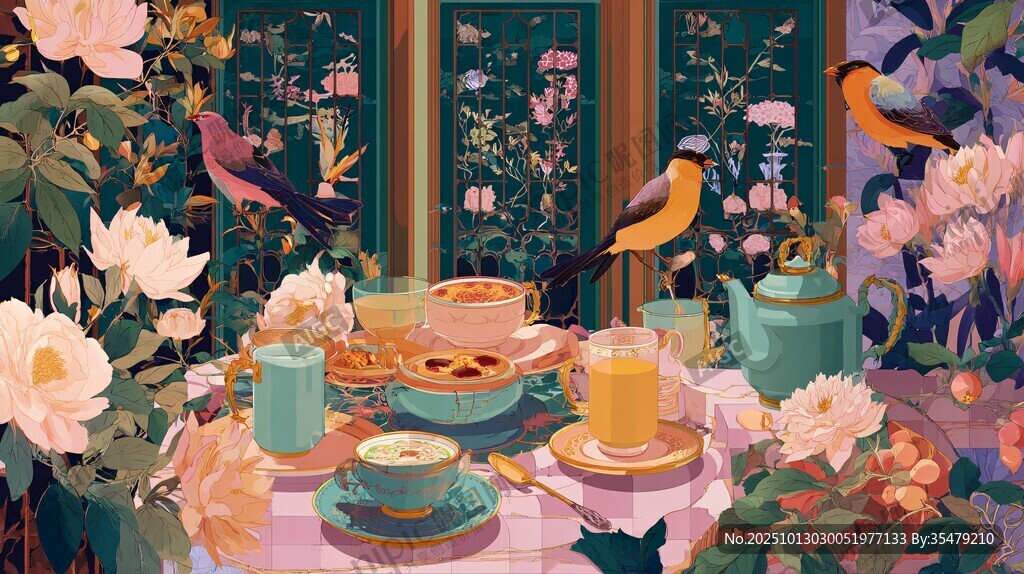 花园中的惬意早餐时光
