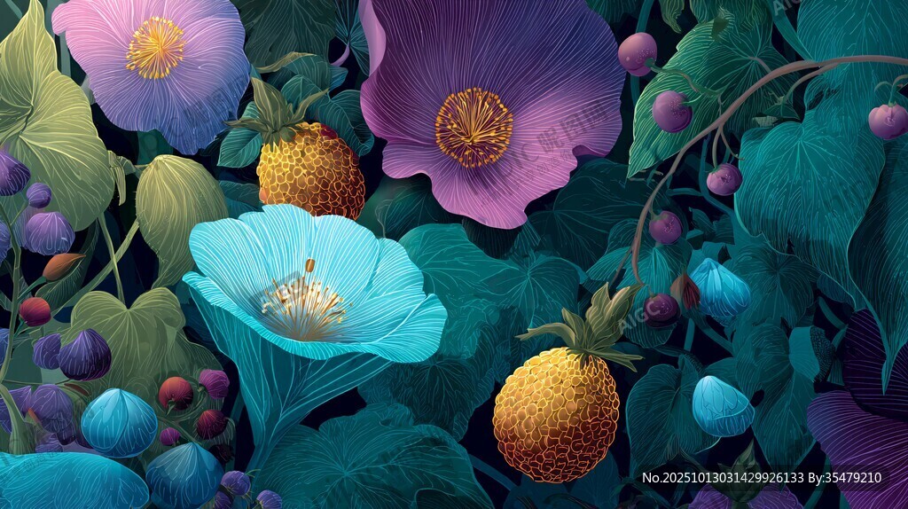 梦幻花卉与果实的绚丽景象