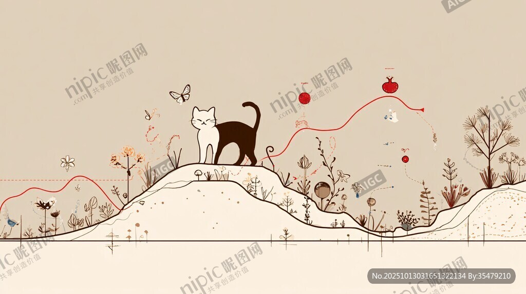 猫咪漫步于梦幻花草间