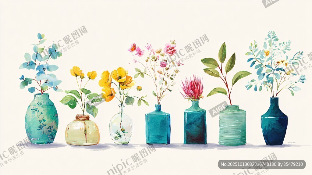 多彩花瓶插满缤纷花卉