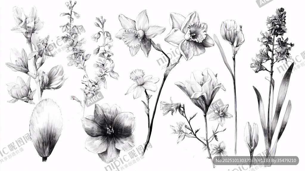 黑白花卉手绘插画集合