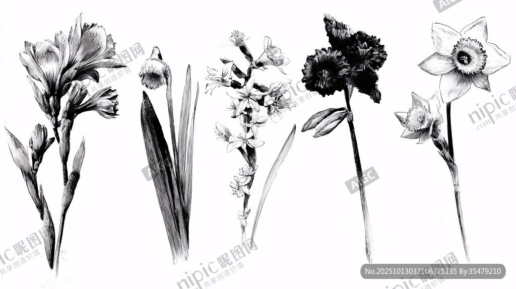 黑白花卉手绘插画集合