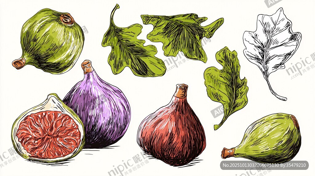 手绘无花果及叶片插画