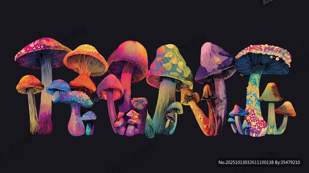 梦幻多彩蘑菇群插画