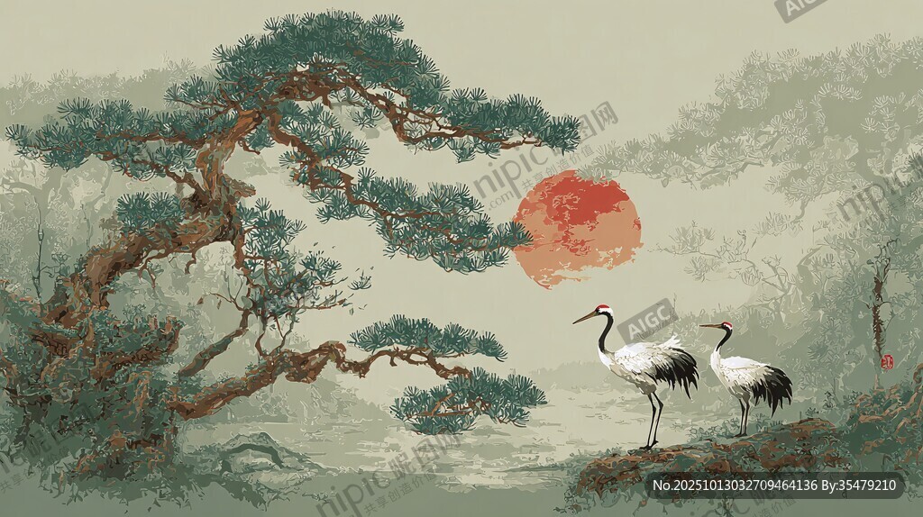 松鹤迎红日