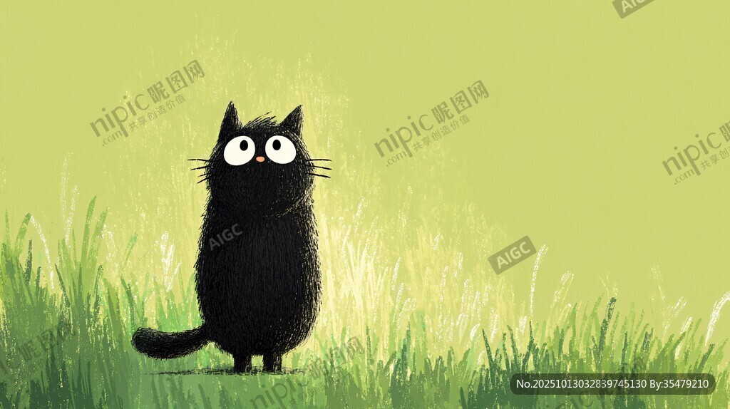 黑猫立草地 大眼萌态足
