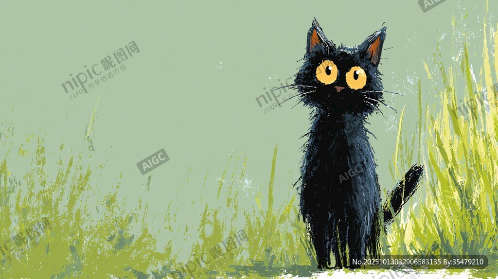 黑猫立于草地间