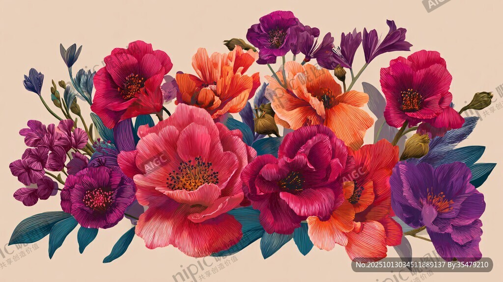 缤纷多彩花卉插画