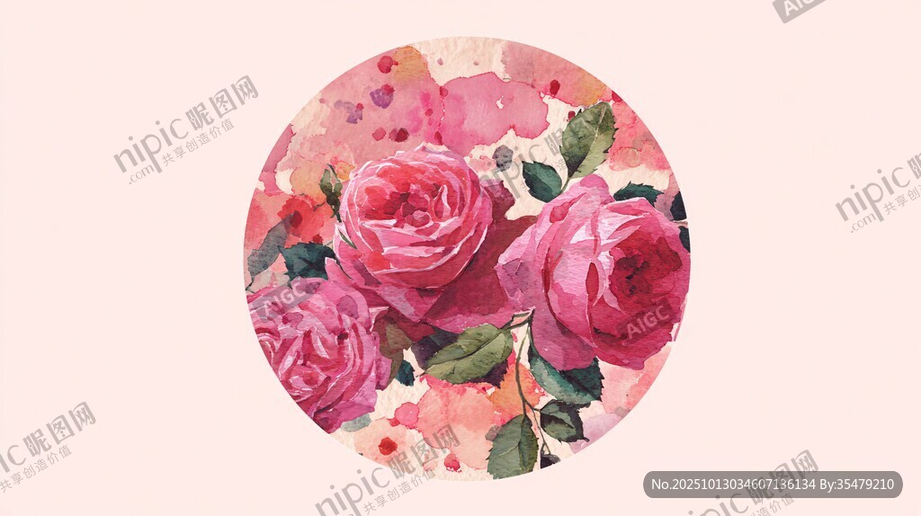 圆形水彩玫瑰花卉图案
