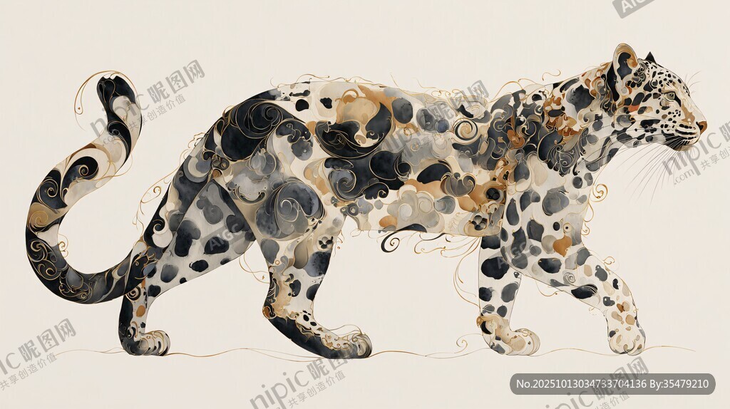 豹纹艺术插画中的行走猎豹