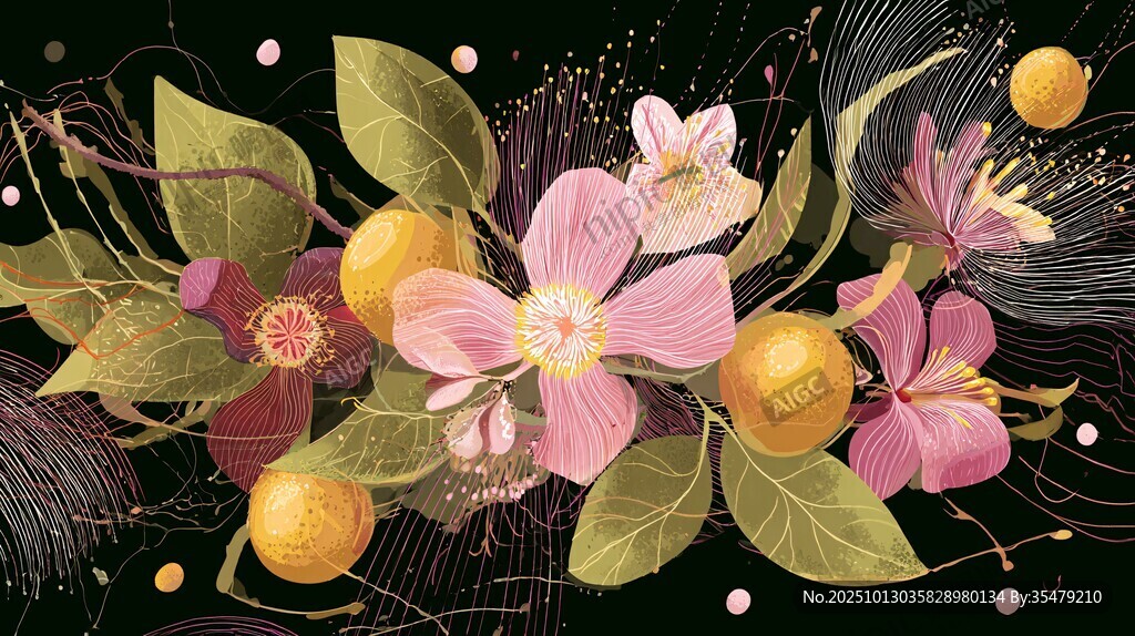 梦幻花卉与果实插画