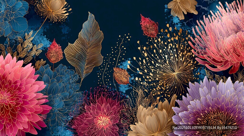梦幻绚丽花卉海洋插画