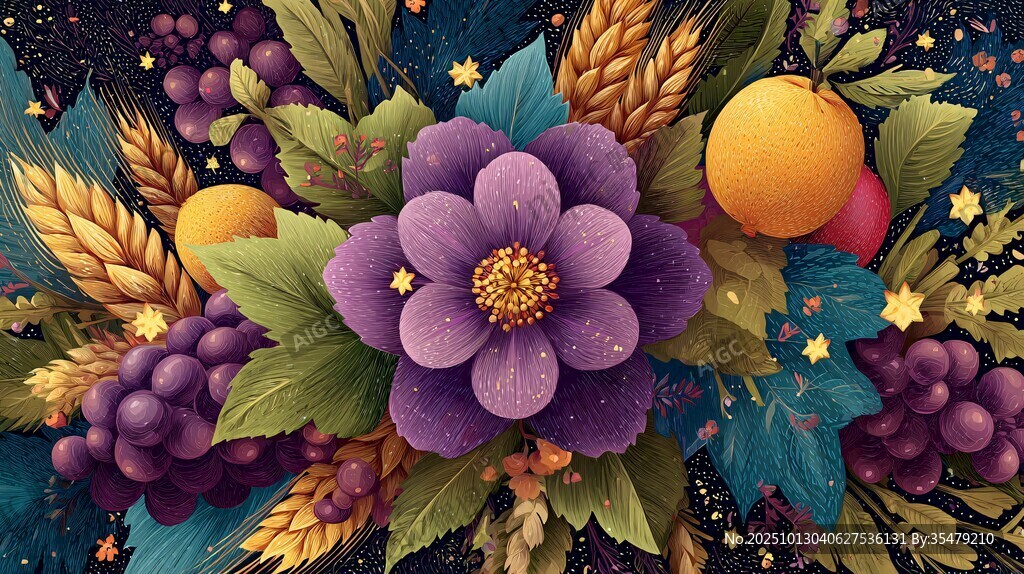 繁花硕果丰收景象插画