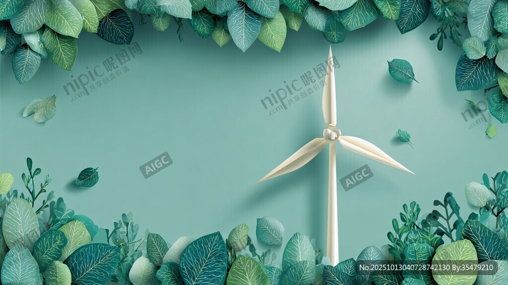 绿叶环绕的清新风力发电机
