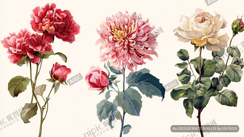 三朵娇艳花卉插画展示