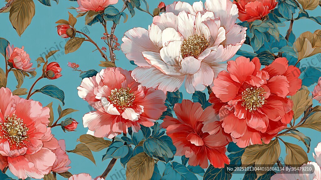 蓝色背景下的绚丽花卉图案