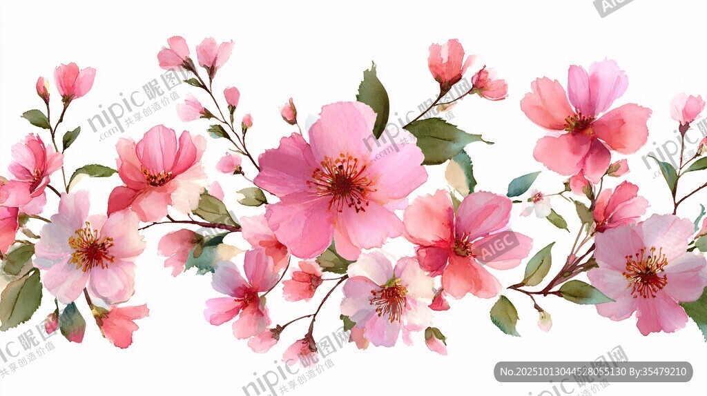 粉色烂漫花卉水彩装饰图
