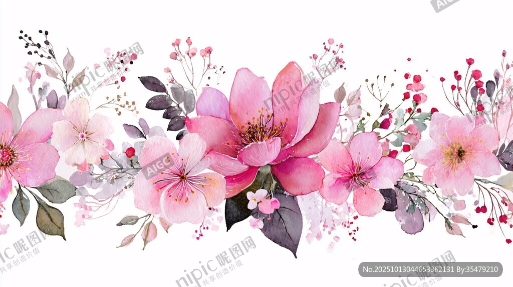 粉色花卉水彩画饰边图案