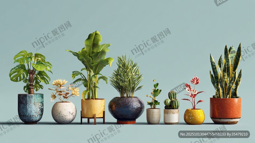 多样盆栽展示清新绿植风