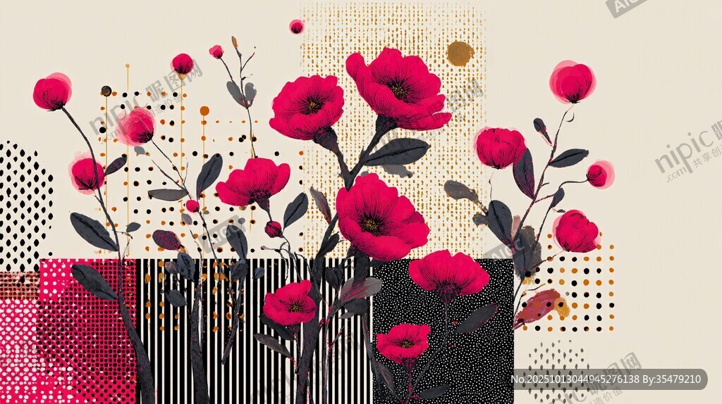 抽象风红色花卉插画作品